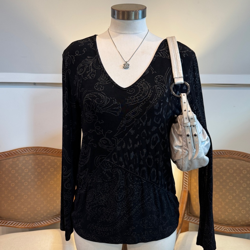 Vintage Chico's Travelers Black Paisley Leopard Patterned Top, Fairy Grunge - Picture 1 of 8